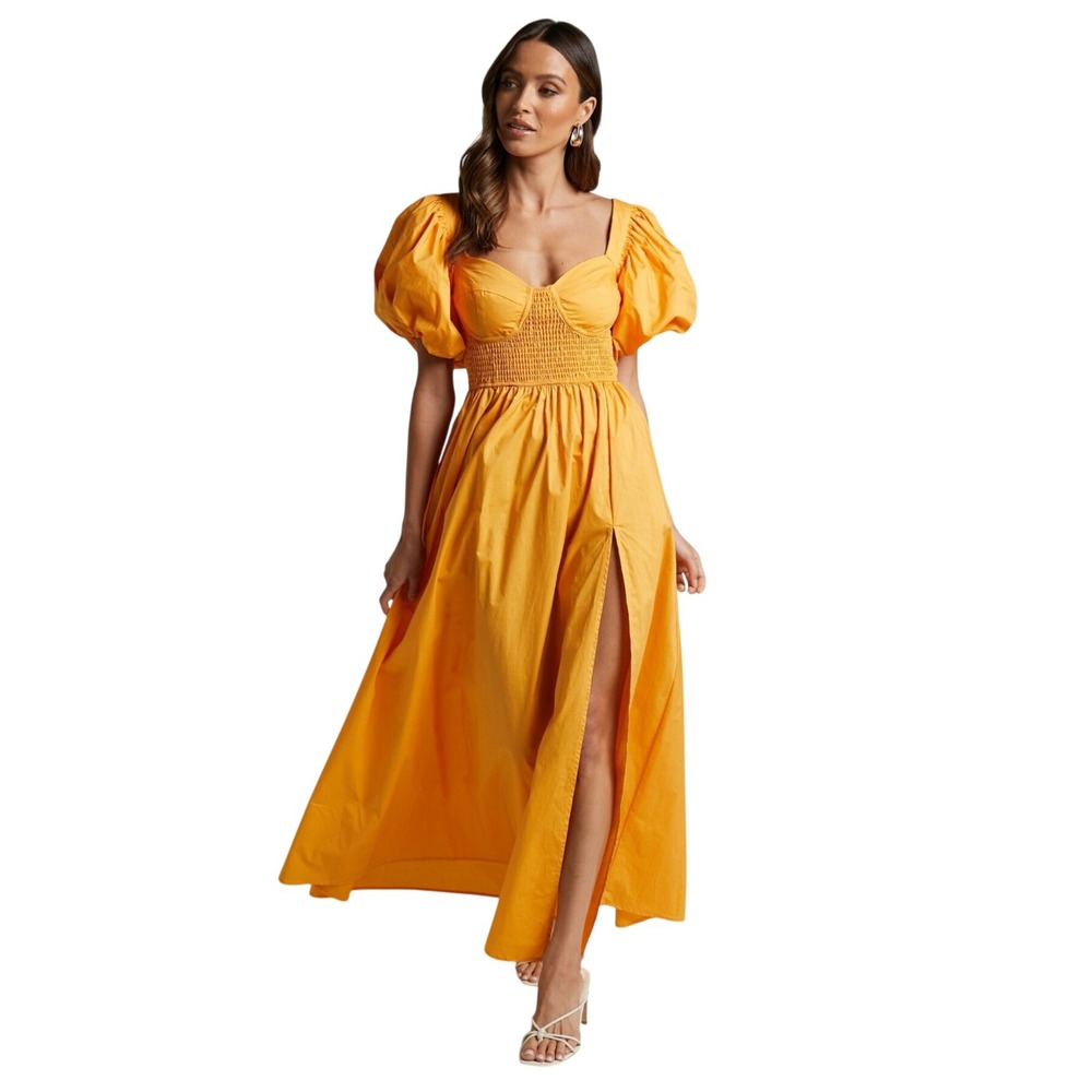 Showpo Raiza Dress 6 Marigold Orange Cotton Puff Sleeve Smocked Back Slit Maxi